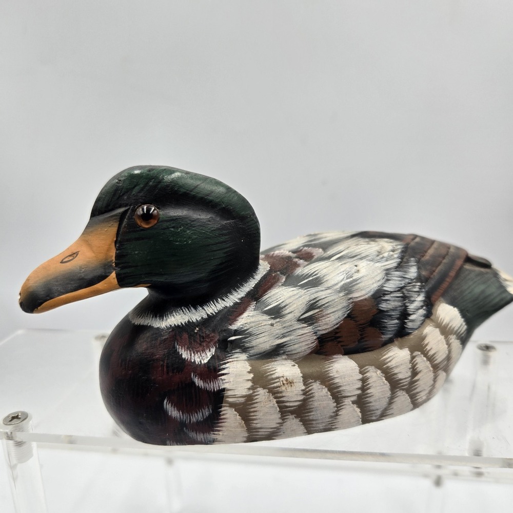 VTG Mallard Duck Stone Decoy Figurine Hand Carved Painted Folk Art Sculpture 7"